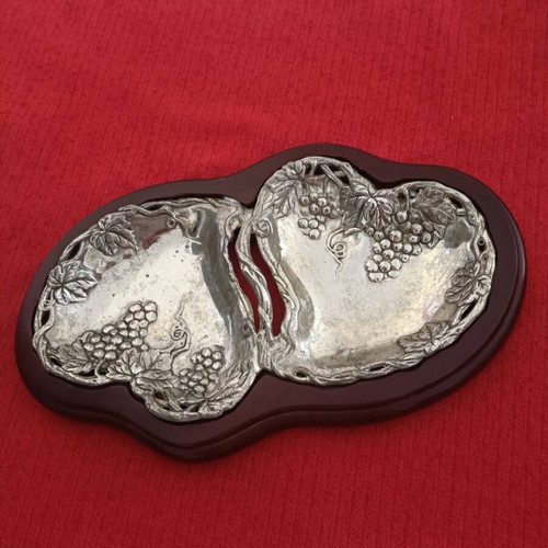 Plate for pistachios used, metal silver with wooden base