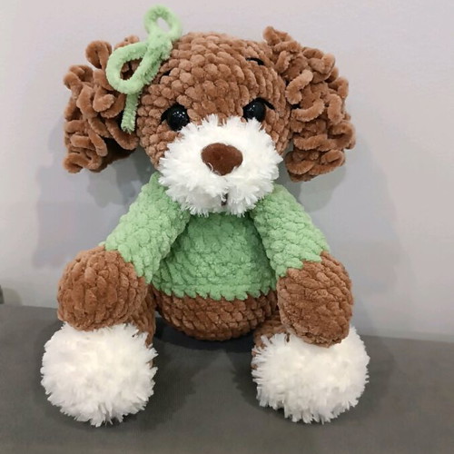 Handmade crocheted dog new with plush yarn and green dress