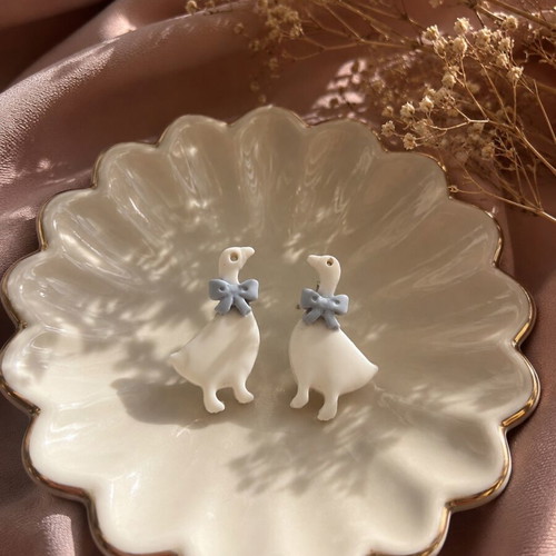 Duck Earrings handmade with blue bow, polymer clay, new