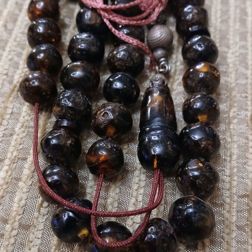 Amber Worry Beads used, Baltic amber, silver elements, 33 beads