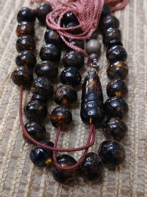 Amber Worry Beads used, Baltic amber, silver elements, 33 beads