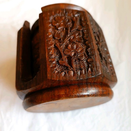 Wooden carved coasters used with holder, handmade from Kythera