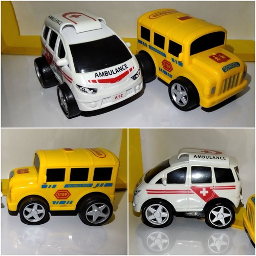 Ambulance and School Bus toy cars, 10 cm, set of 2