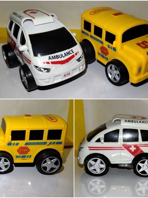 Ambulance and School Bus toy cars, 10 cm, set of 2