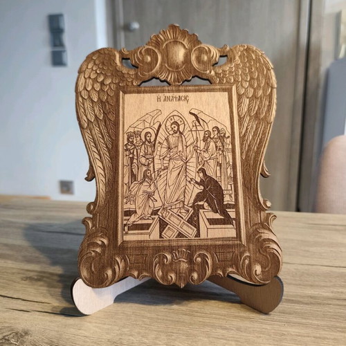 Wooden table icon of the Resurrection new with carved frame and angel wings