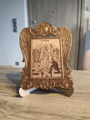 Wooden table icon of the Resurrection new with carved frame and angel wings