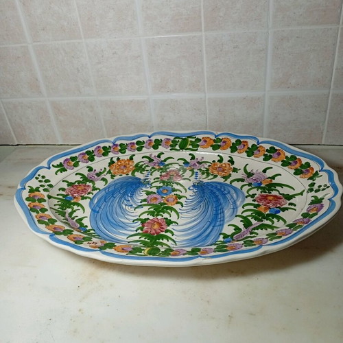 Oval Greek handmade ceramic platter with peacock design like new