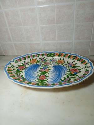 Oval Greek handmade ceramic platter with peacock design like new