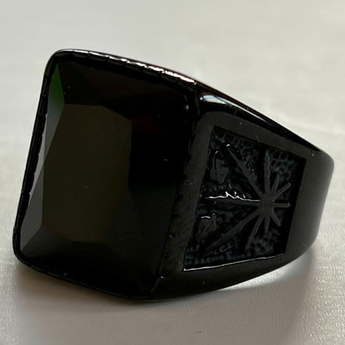 Black Crystal Signet Ring brand new, palm leaf design, 316L stainless steel