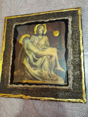 Glass painting Virgin Mary and Child like new, reproduction by Stavri Kalinov
