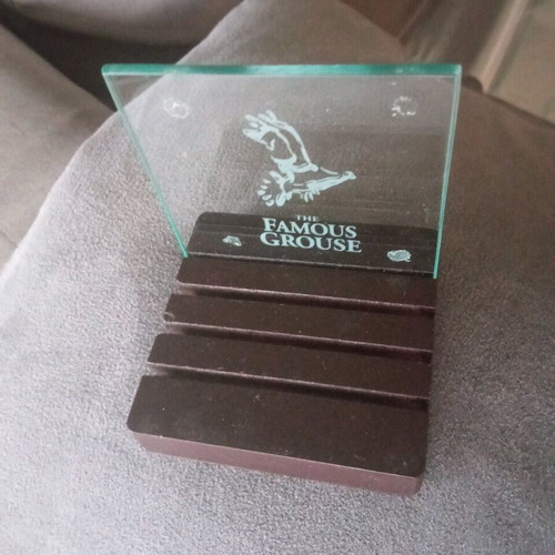 Famous Grouse glass coasters with wooden base, new