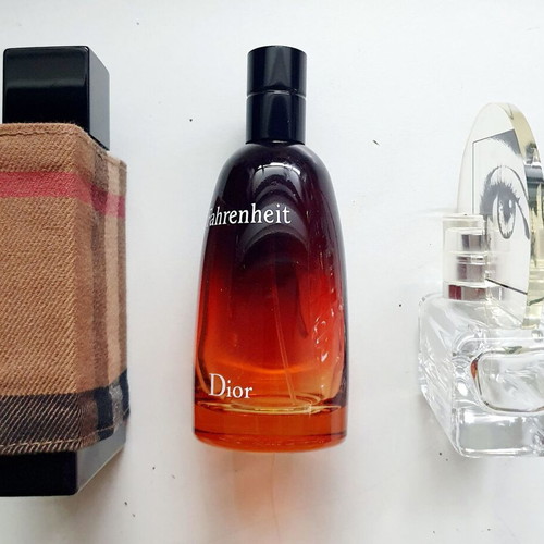 Empty Dior Fahrenheit, Calvin Klein Woman, Burberry London perfume bottles used