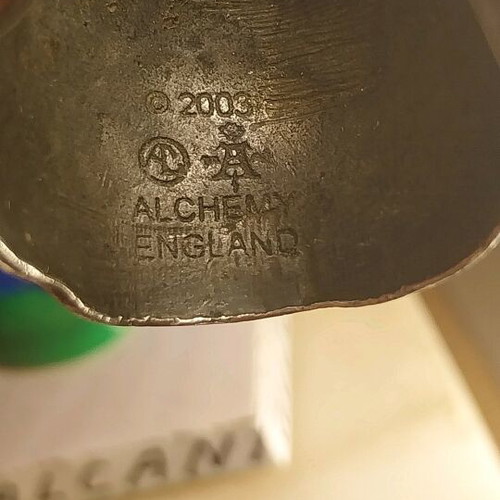 England Alchemy ring used, carved gray silver color