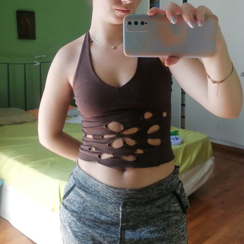 Halter top with flower cutout design, brown, size S