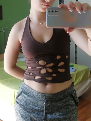 Halter top with flower cutout design, brown, size S