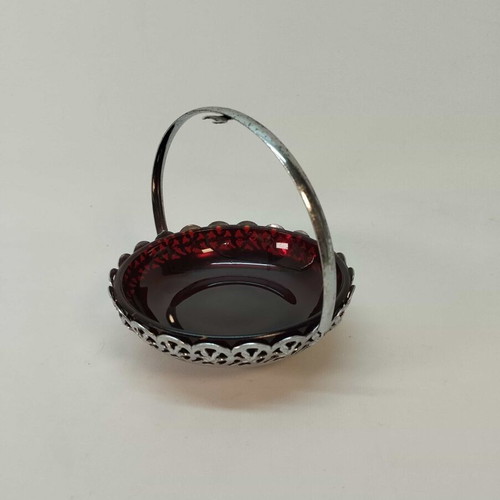 Vintage bowl from England used, red glass with aluminum base 12x12
