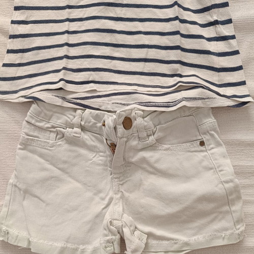 Zara white denim shorts and striped L.O.G.G. blouse set used