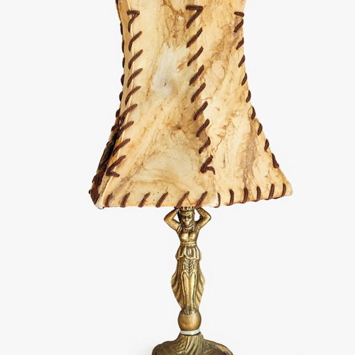 Vintage bronze lamp with natural leather lampshade Art Nouveau style like new