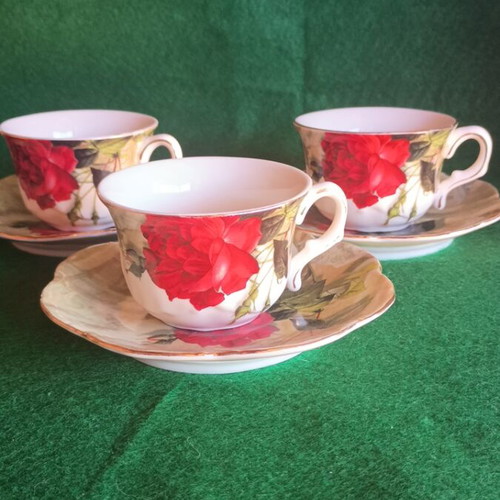 Oriana Ferelli tea cup set used, fine porcelain, 3 pieces