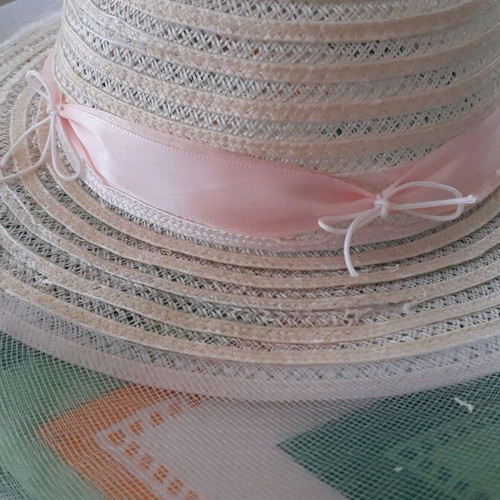 White hat with pink flowers and ribbon like new