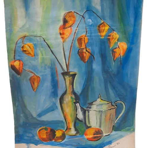 Vintage watercolor still life painting 70x50 cm, signed