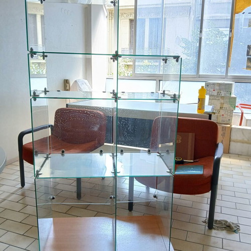 Glass bookshelf with wooden base, round table, sofa, armchair set, Sato desk, vintage chair like new