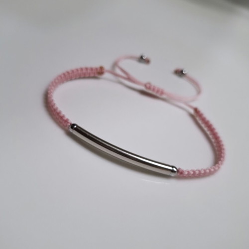 Macrame bracelet with silver steel element, pink cord