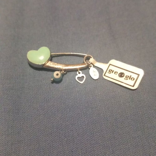 Gregio silver (925) safety pin with turquoise enamel heart and eye charm new