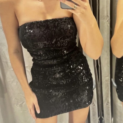 black patent leather dress Upscale Sparkle Sequin Low Back Maxi Dress in Black | Size: M | Knit Fabric main image 0