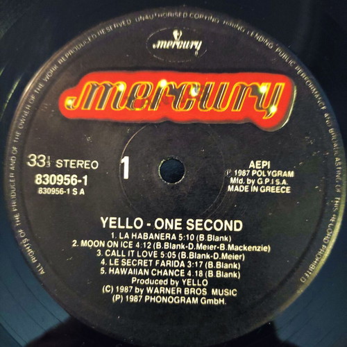 Yello One Second LP vinyl album used, electronic music 1987
