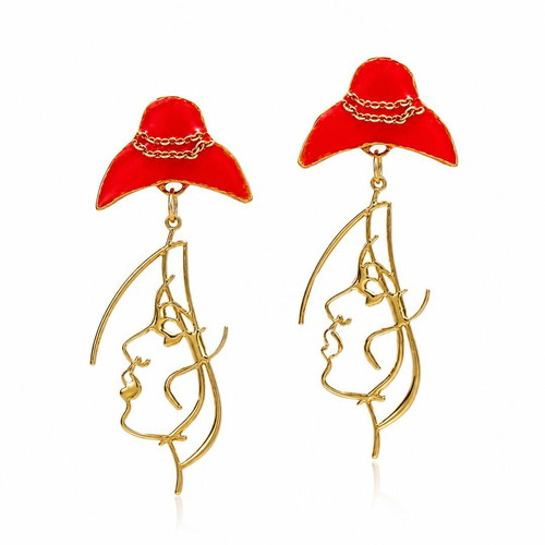 Handmade long dangle earrings with red polymer clay hat and steel