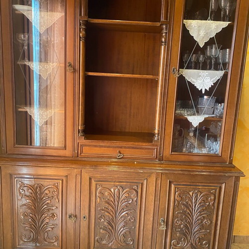 Handmade carved walnut display cabinet used, 1950s vintage