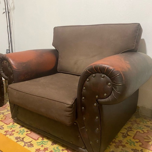 Leather antique sofa set used, 3 pieces with suede cushions