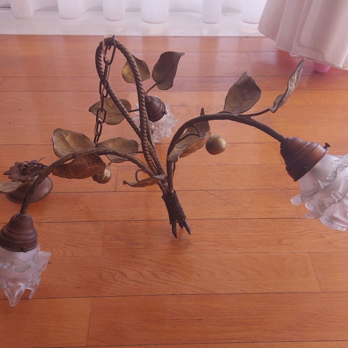 Art Nouveau 1900 French ceiling light used, gilt brass with frosted glass