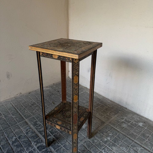 Wooden decorative table with carvings used, vintage style