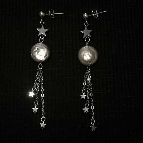 Moon and Stars Earrings with Natural Freshwater Pearls and Hematite Stars