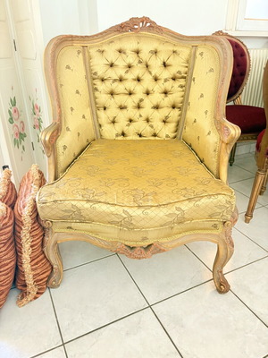 Bergere armchair Louis XV style like new with carved wood frame and gold fabric