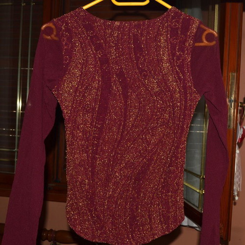 Vintage Bordeaux Shiny Blouse with Glitter Sleeve Gold Thread like new