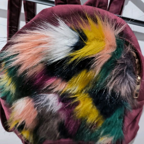 Velvet backpack like new, burgundy with multicolor fur
