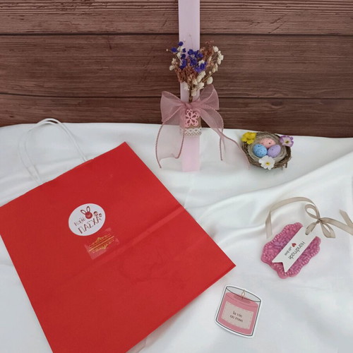 Handmade Easter Set with Pink 25cm Candle and Aromatic Wardrobe Tablet