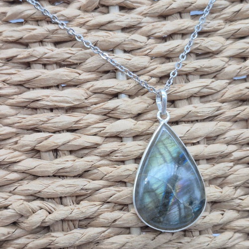 Labradorite Teardrop Necklace Silver 925 with Steel Chain new