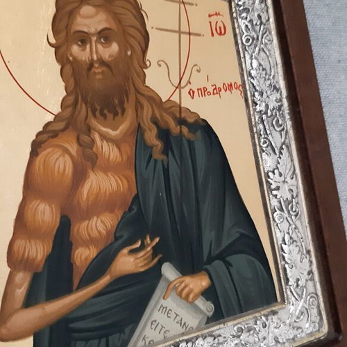Silver icon Saint John the Baptist on wooden base