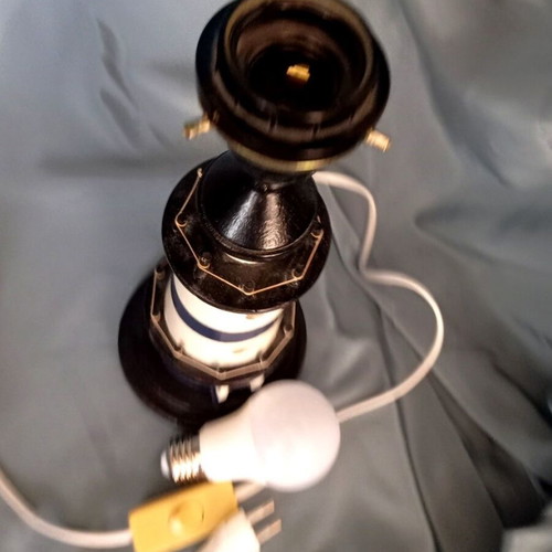 Wooden table lamp lighthouse with new lampshade and LED bulb like new