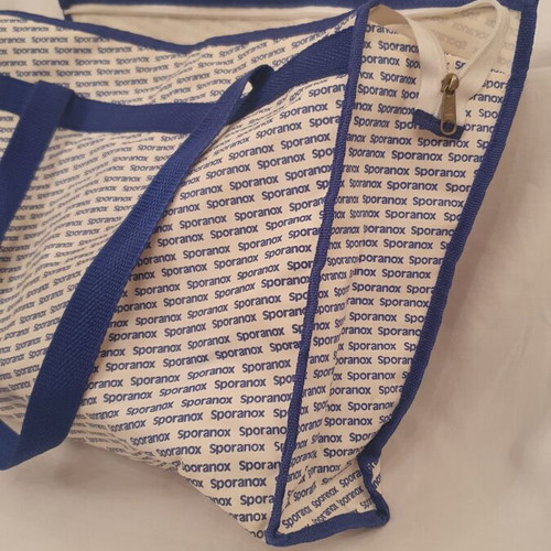 Shoulder bag used, white and blue, 36x44x10 cm