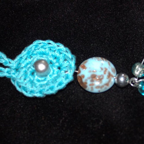 Knitted keychain new with cotton thread and blue beads