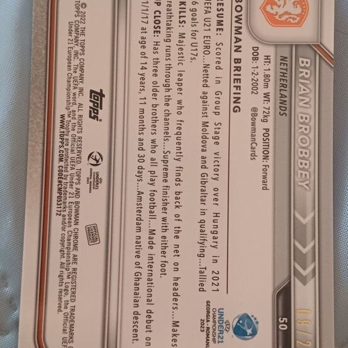 Brian Brobbey 2022-23 Road to Euro U21 Championship Orange Refractor RC card like new
