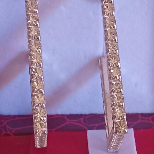 Rectangular silver hoop earrings with rhinestones, like new