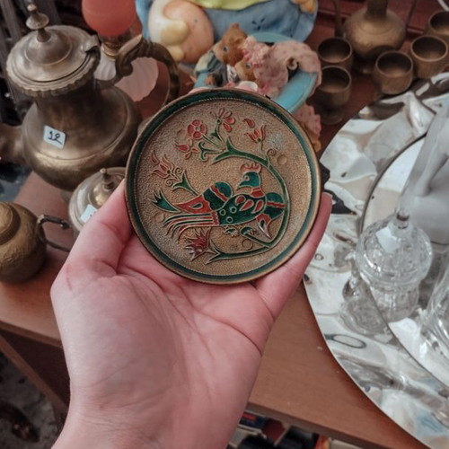 Vintage small decorative plates set with colorful enamel and birds like new