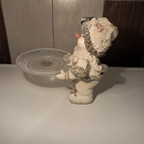 Christmas decoration set with snowman figure and glass serving plate new