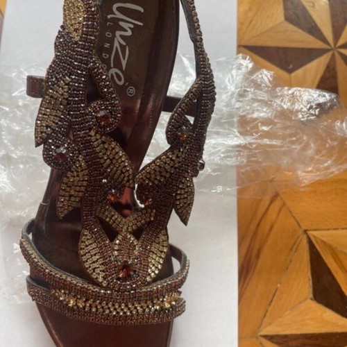 Heels new decorated with stones, size 38, 10cm heel height, brown